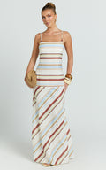 Yurika Maxi Dress - Square Neck Stripe Print Slip Dress in Choco Retro Stripe