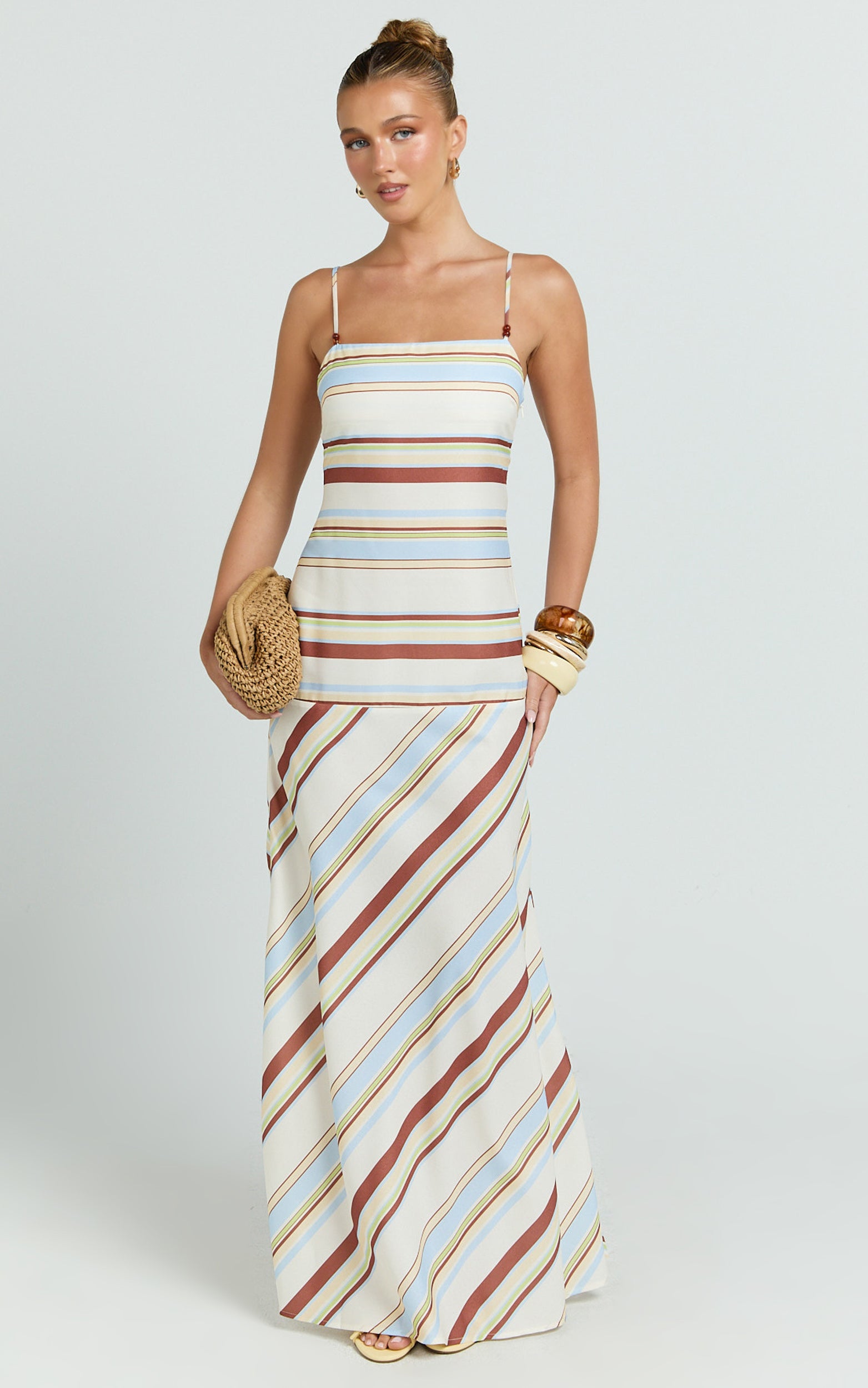 Yurika Maxi Dress - Square Neck Stripe Print Slip Dress in Choco Retro Stripe