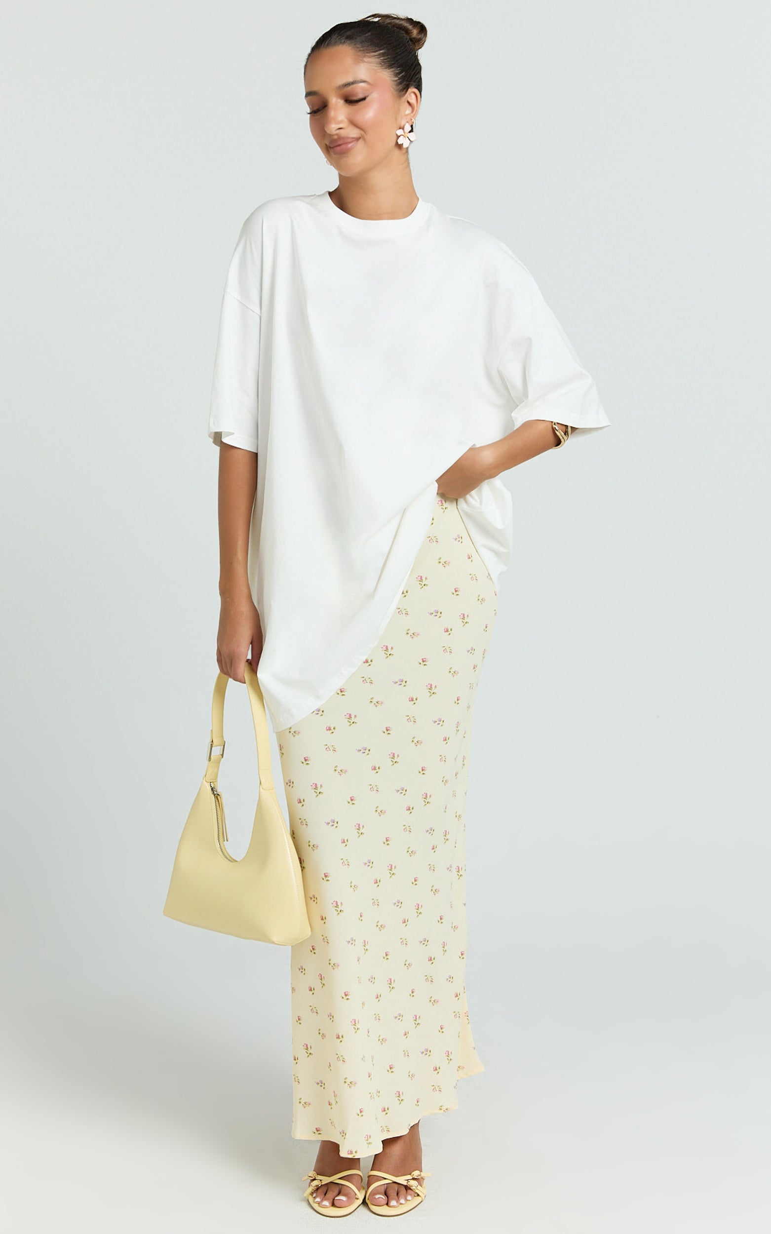 Zaya Two Piece Top and Skirt Set - Oversized Tee and Floral Sheer Midi Skirt Set in White and Yellow