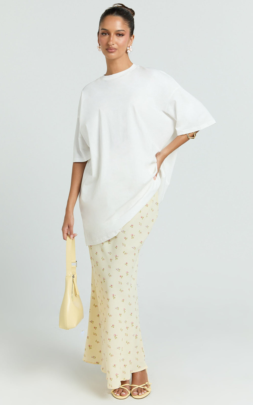 Zaya Two Piece Top and Skirt Set - Oversized Tee and Floral Sheer Midi Skirt Set in White and Yellow