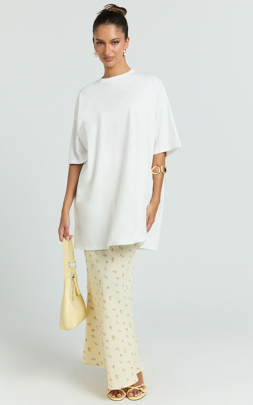 Zaya Two Piece Top and Skirt Set - Oversized Tee and Floral Sheer Midi Skirt Set in White and Yellow