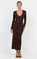 Zayla Midi Dress - Long Sleeve Button Front Bodycon Dress in Chocolate