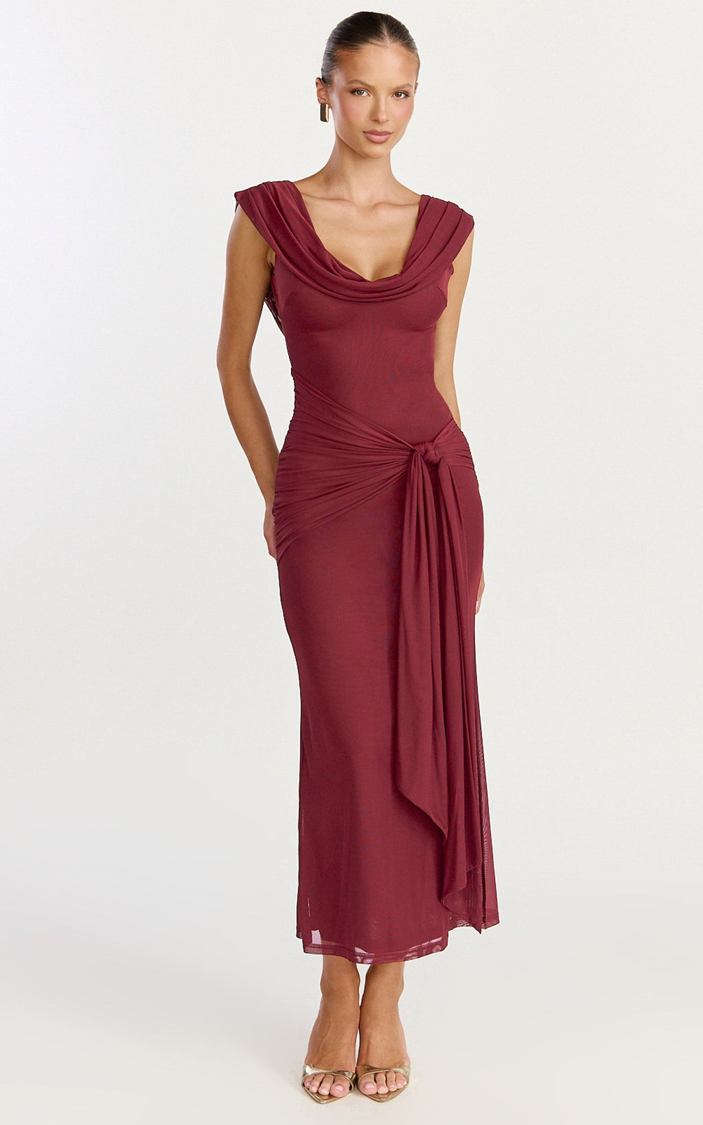 Zena Midi Dress - Cowl Neck Tie Detail Dress in Wine