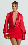 Zephyr Bodysuit - Plunge Neck Cowl Bodysuit in Red