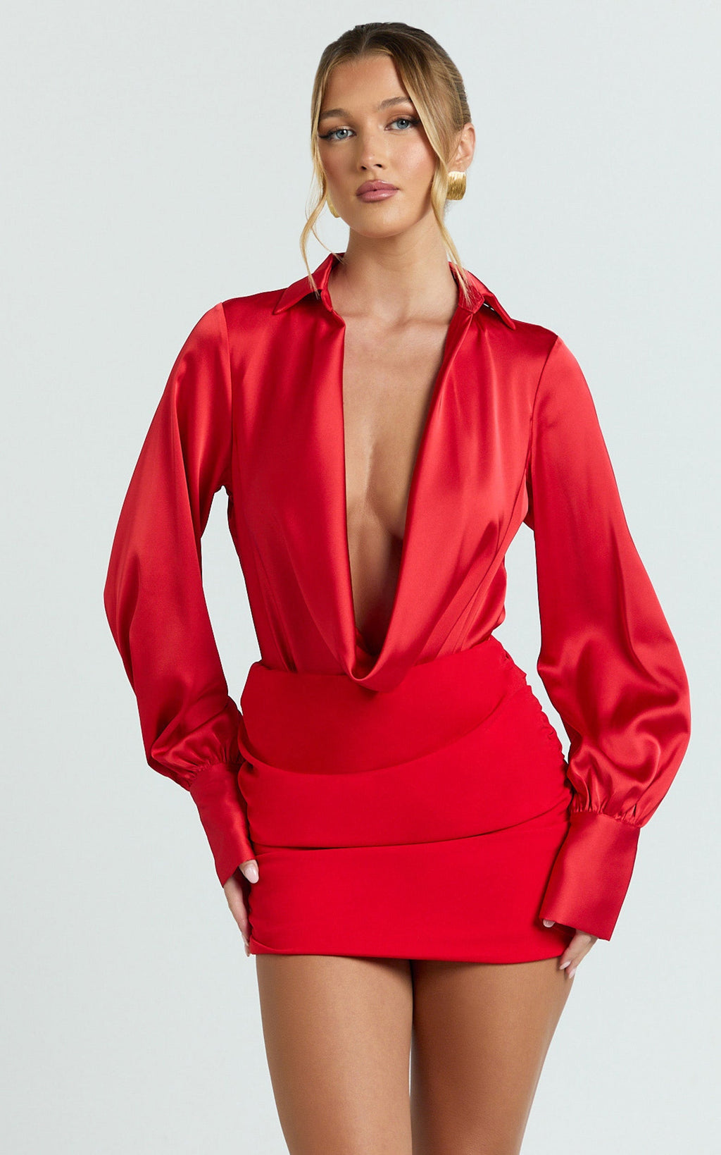 Zephyr Bodysuit - Plunge Neck Cowl Bodysuit in Red
