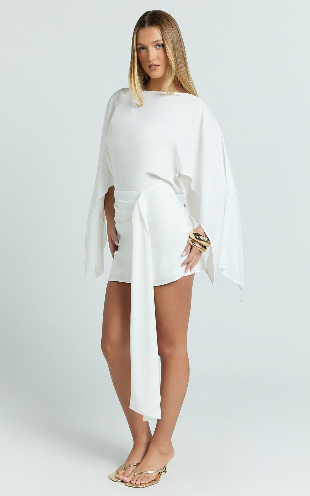 Zoey Mini Dress - Wide Sleeve Tie Skirt Dress in Ivory