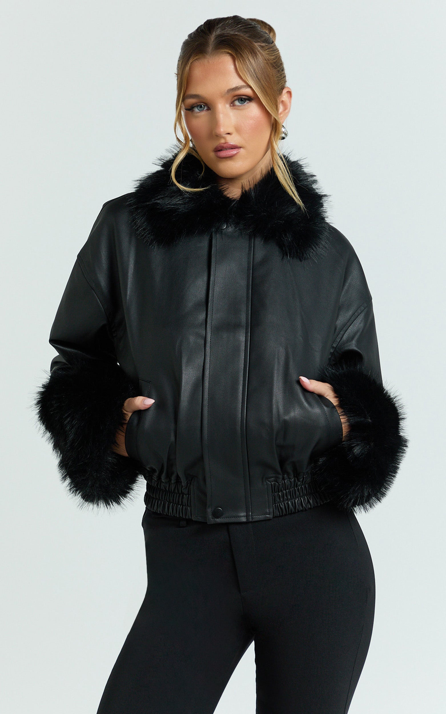 Zuri Jacket - Faux Fur Collar and Cuff Suede Jacket in Black