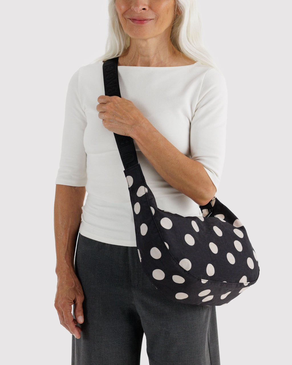 Medium Nylon Crescent Bag - Black and Cream Polka Dot - image 2