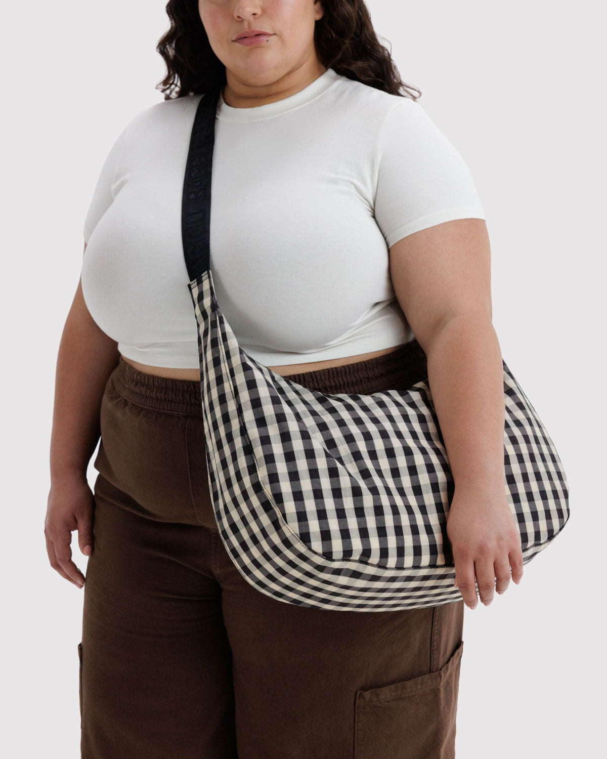Large Nylon Crescent Bag - Black and Cream Gingham - image 2