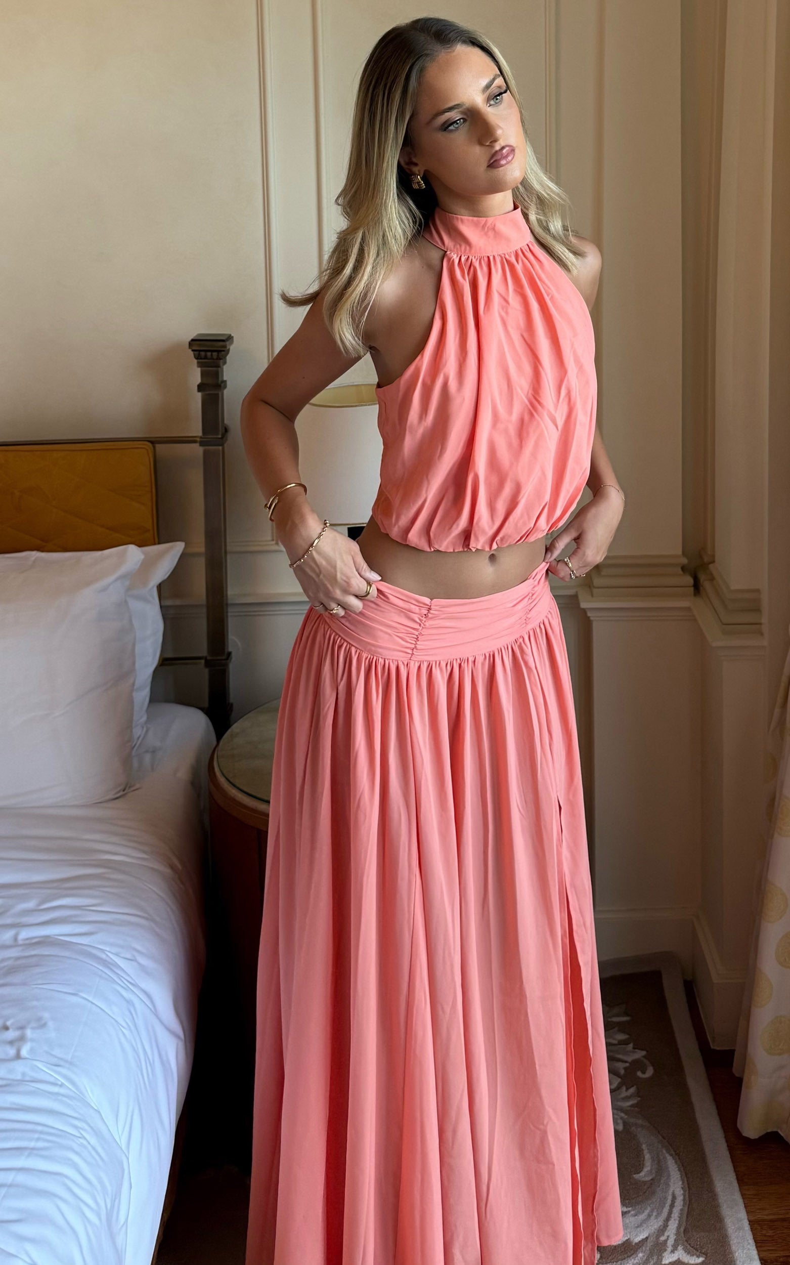 Melanie Maxi Skirt - Gathered Yoke Skirt in Grapefruit