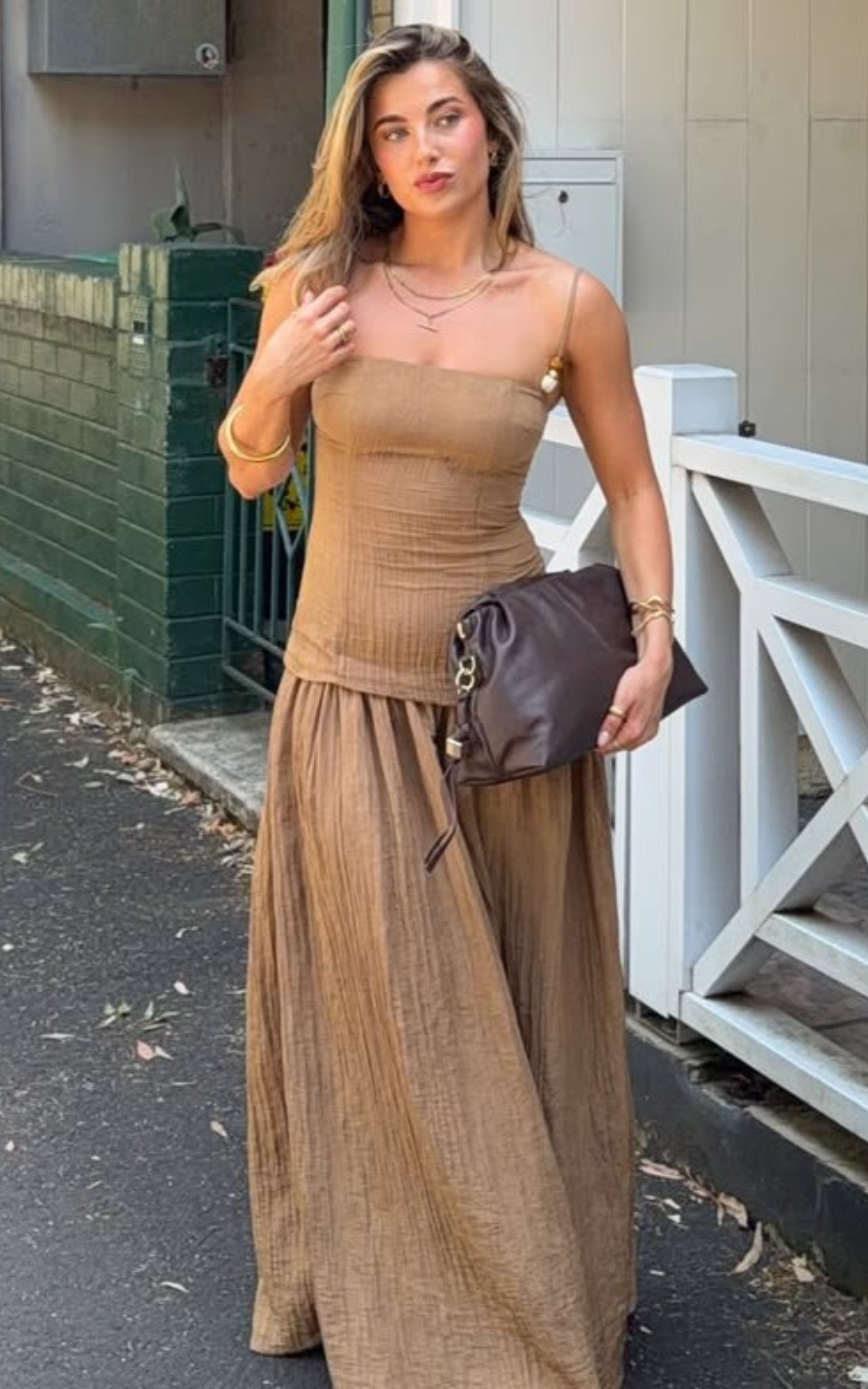 Edie Maxi Dress - Straight Neck Gathered Drop Waist Dress in Brown