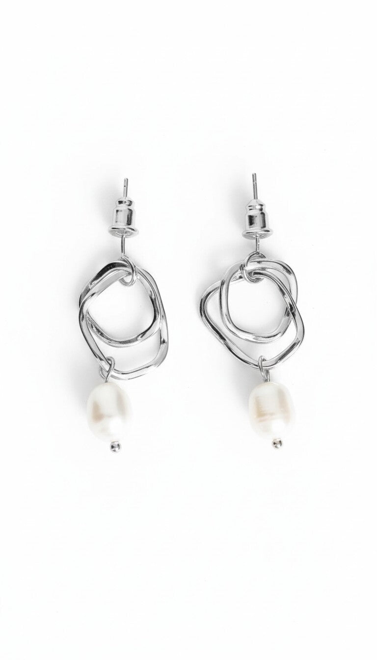 Flora Double Hoop Drop Earring in Silver And Pearl