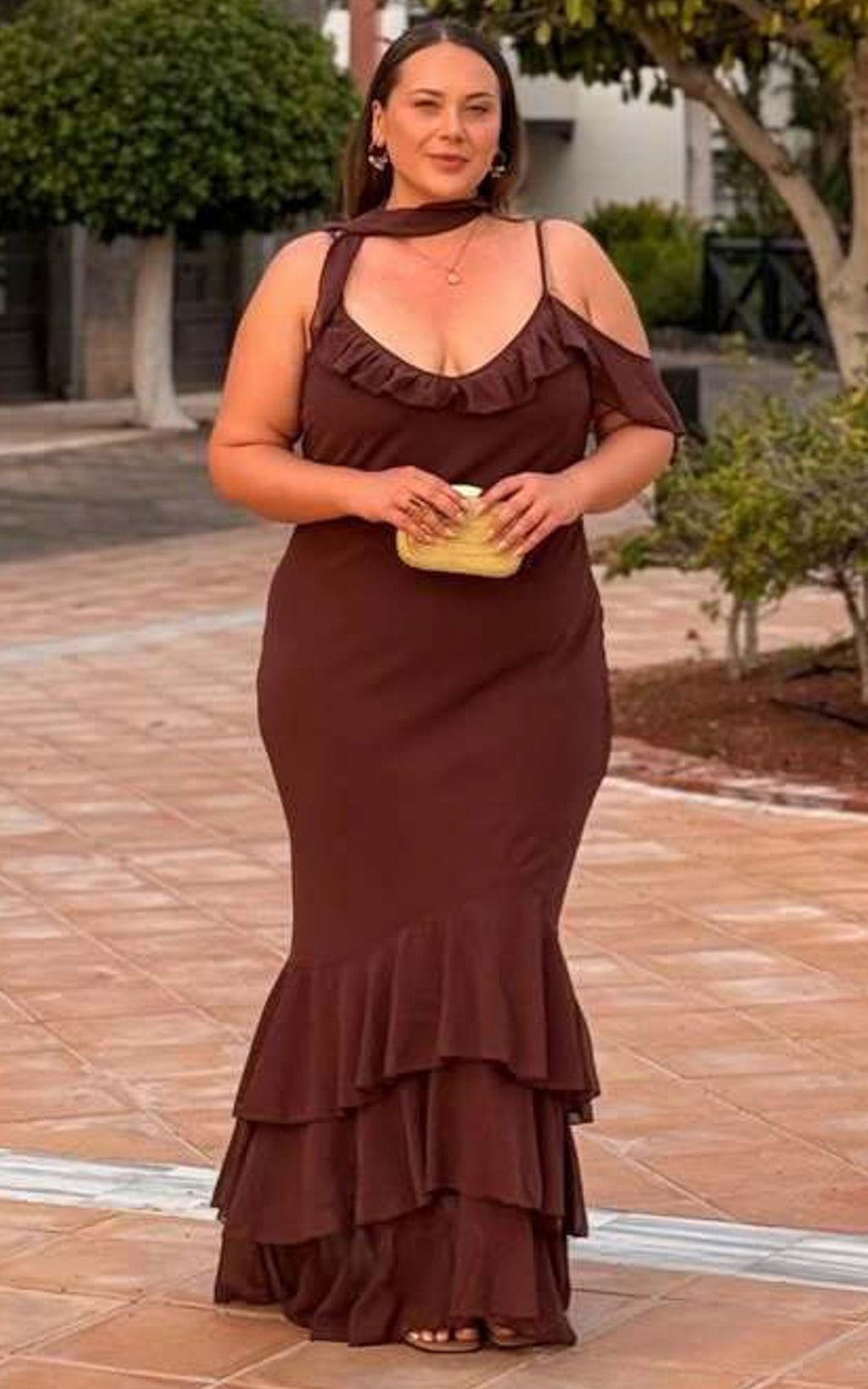 Riley Maxi Dress - Asymmetric Ruffle Detail Maxi Dress in Chocolate